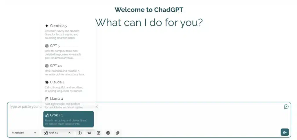 Screenshot Grok-4.1 AI Assistant in ChadGPT