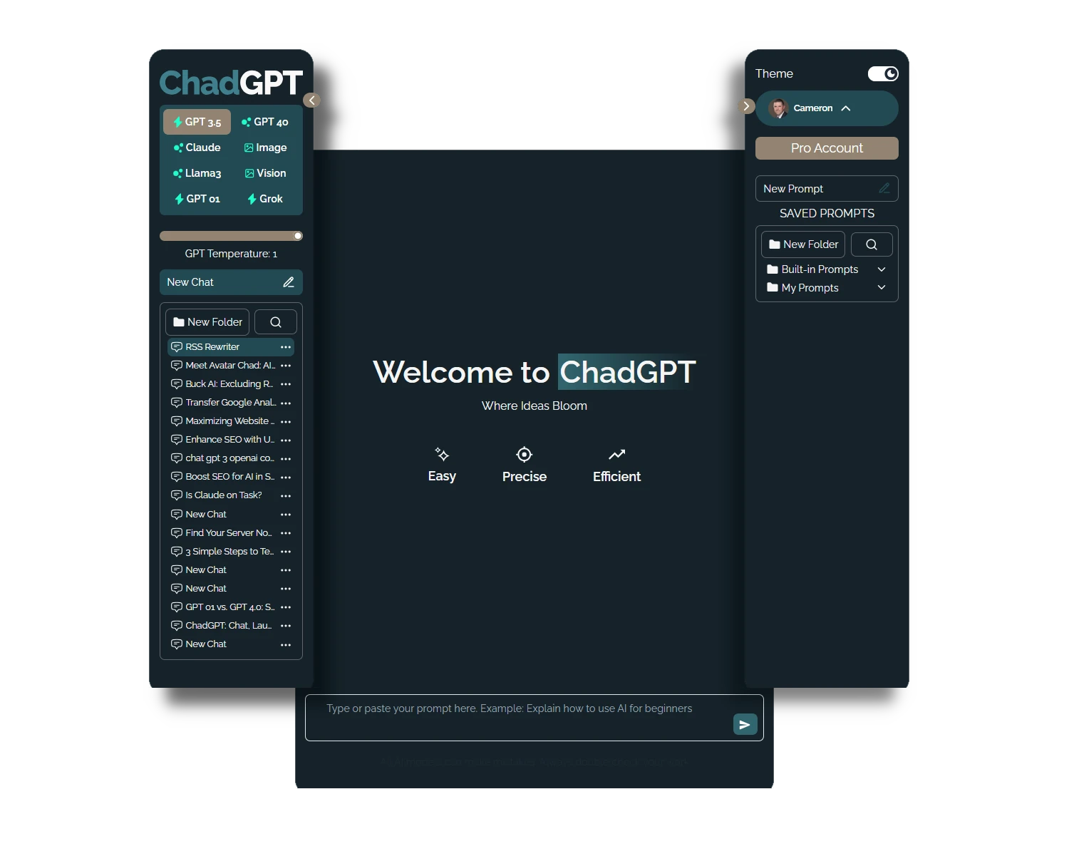 ChadGPT Screenshot with menus out for clarity