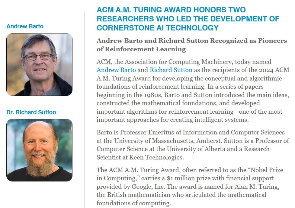 TURING AWARD HONORS TWO RESEARCHERS WHO LED THE DEVELOPMENT OF CORNERSTONE AI TECHNOLOGY