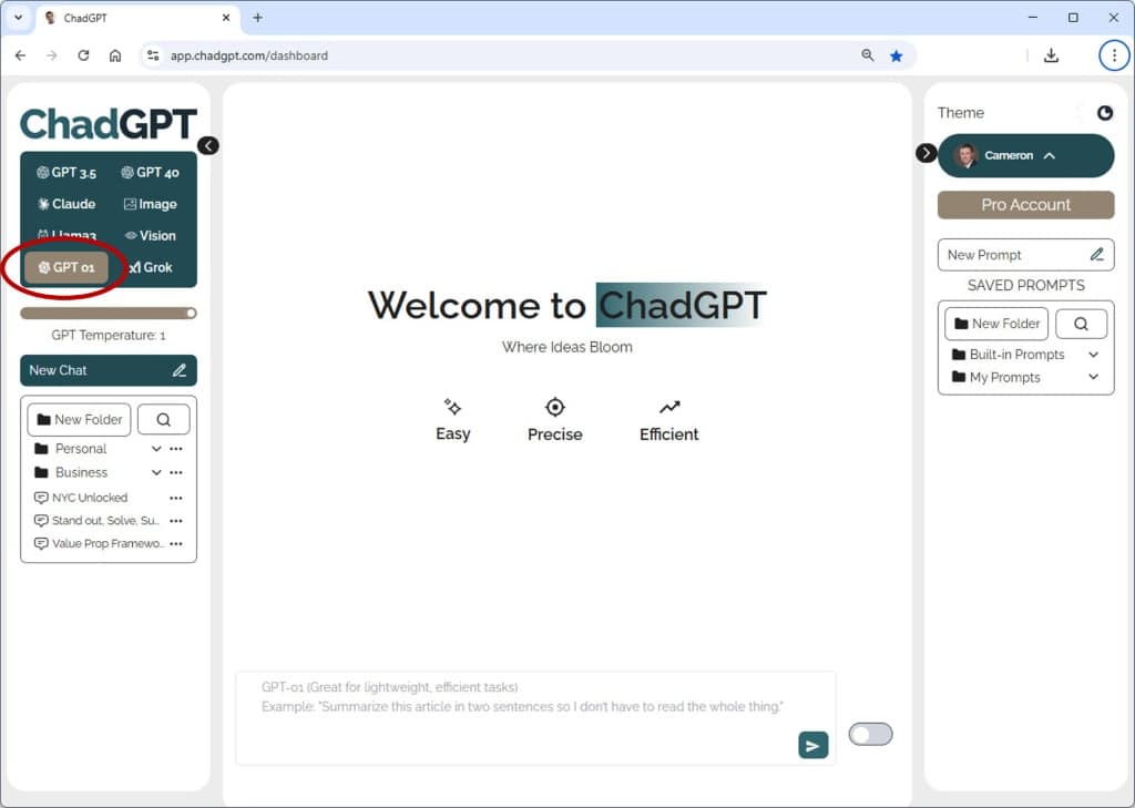 Chad GPT Screenshot showing model selector to choose o1 reasoning  model.