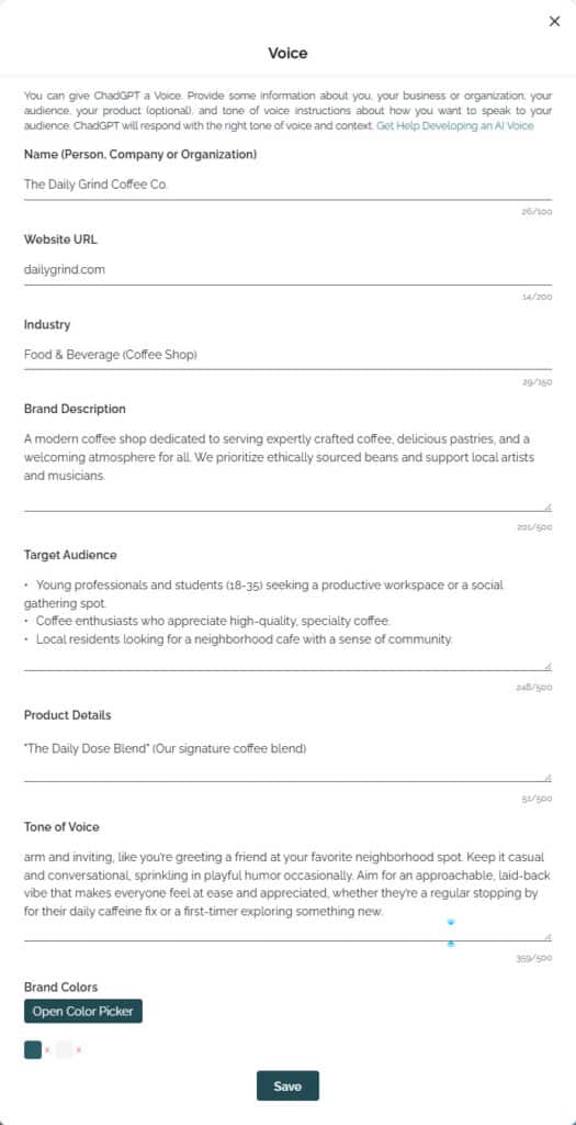 ChadGPT Brand Voice Input Screen