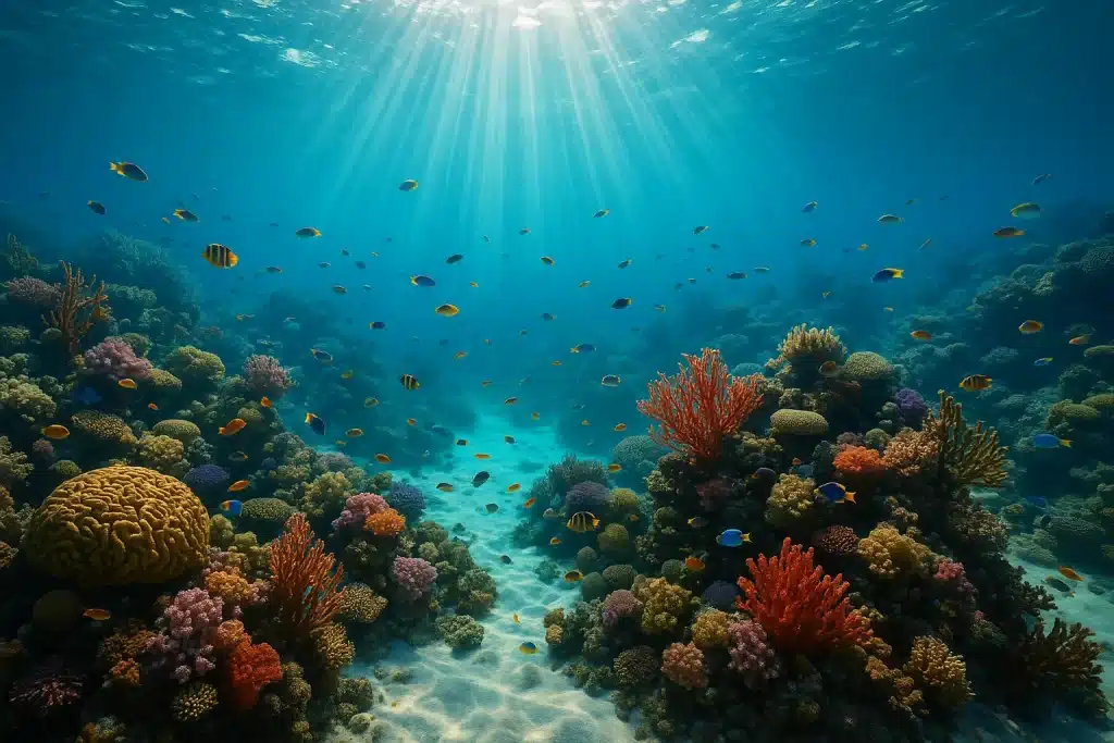 A breathtakingly beautiful and pristine coral reef under a crystal-clear tropical ocean. The reef is intricate and vibrant, teeming with diverse, colorful tropical fish swimming amongst complex coral formations of various shapes and shades (brain coral, fan coral, staghorn coral, soft corals). Dramatic sunlight beams pierce the water surface from above, creating stunning god rays and dappled light effects that illuminate the reef and the sandy bottom. The water is perfectly clear, allowing every detail to be seen. Style: Photorealistic, Ultra-Detailed, Sharp Focus, High Resolution, Epic Scale, Cinematic Lighting, Vibrant Colors Parameters: --ar 16:9 --v 5.2 (or your preferred model version) Negative Prompts (Optional but Recommended): --no blur, low quality, low resolution, distorted, dull colors, murky water, artificial, poor composition, empty