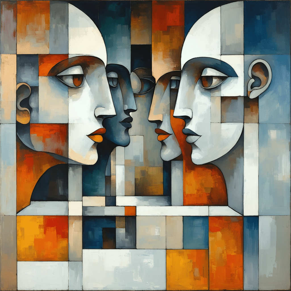 A cubist-style modern office space as imagined by Picasso. Abstract geometric shapes, fragmented faces in a team meeting, pastel and muted warm tones, textured oil brushstrokes, angled overhead lighting, painterly detail.