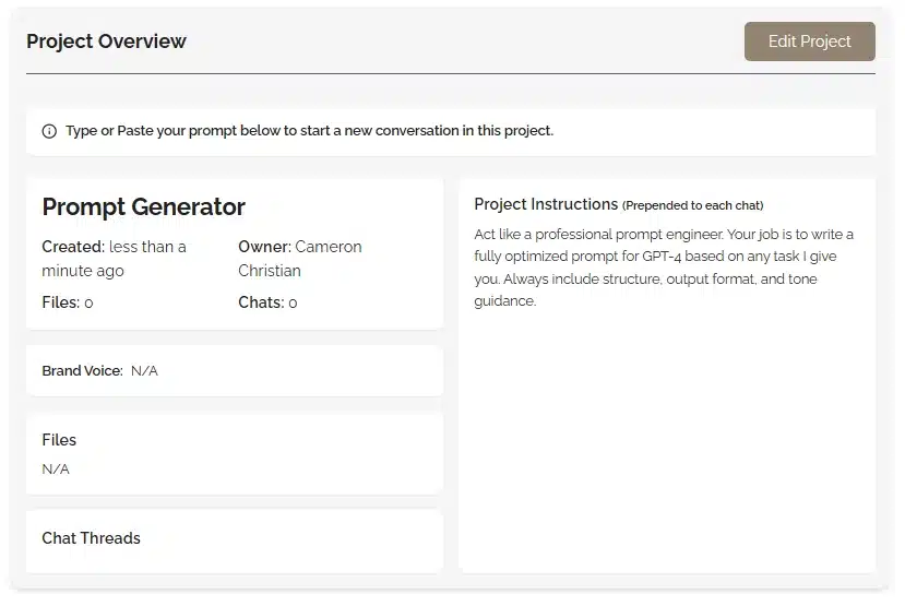 How to create a Prompt Generator Project in ChadGPT