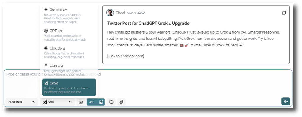 Grok 4 on ChadGPT AI Model Dropdown