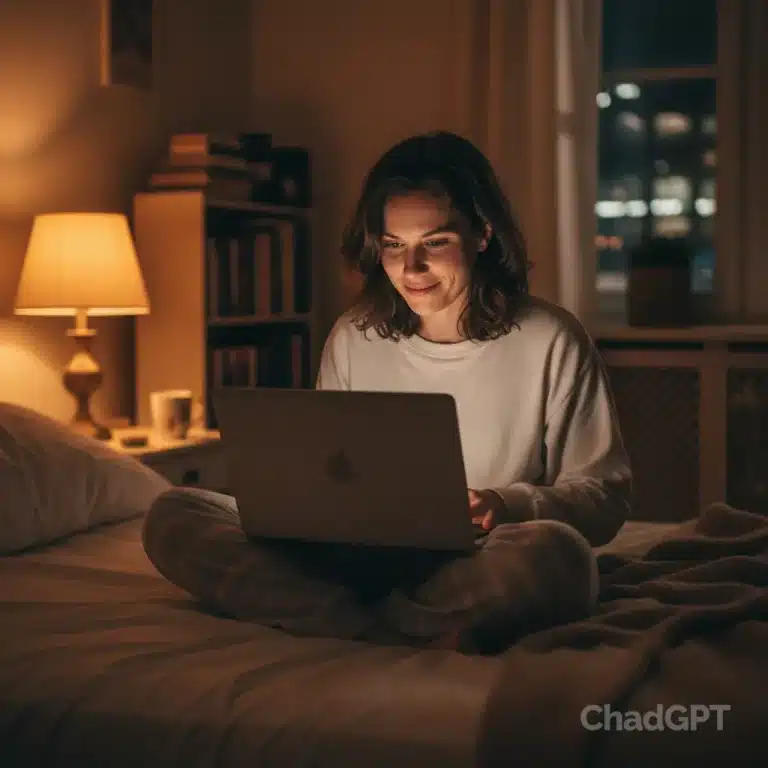 A woman sits cross-legged on her bed at night, softly illuminated by the warm glow of a bedside lamp and her laptop screen, smiling as she types in a quiet, intimate moment that captures curiosity and connection with technology.